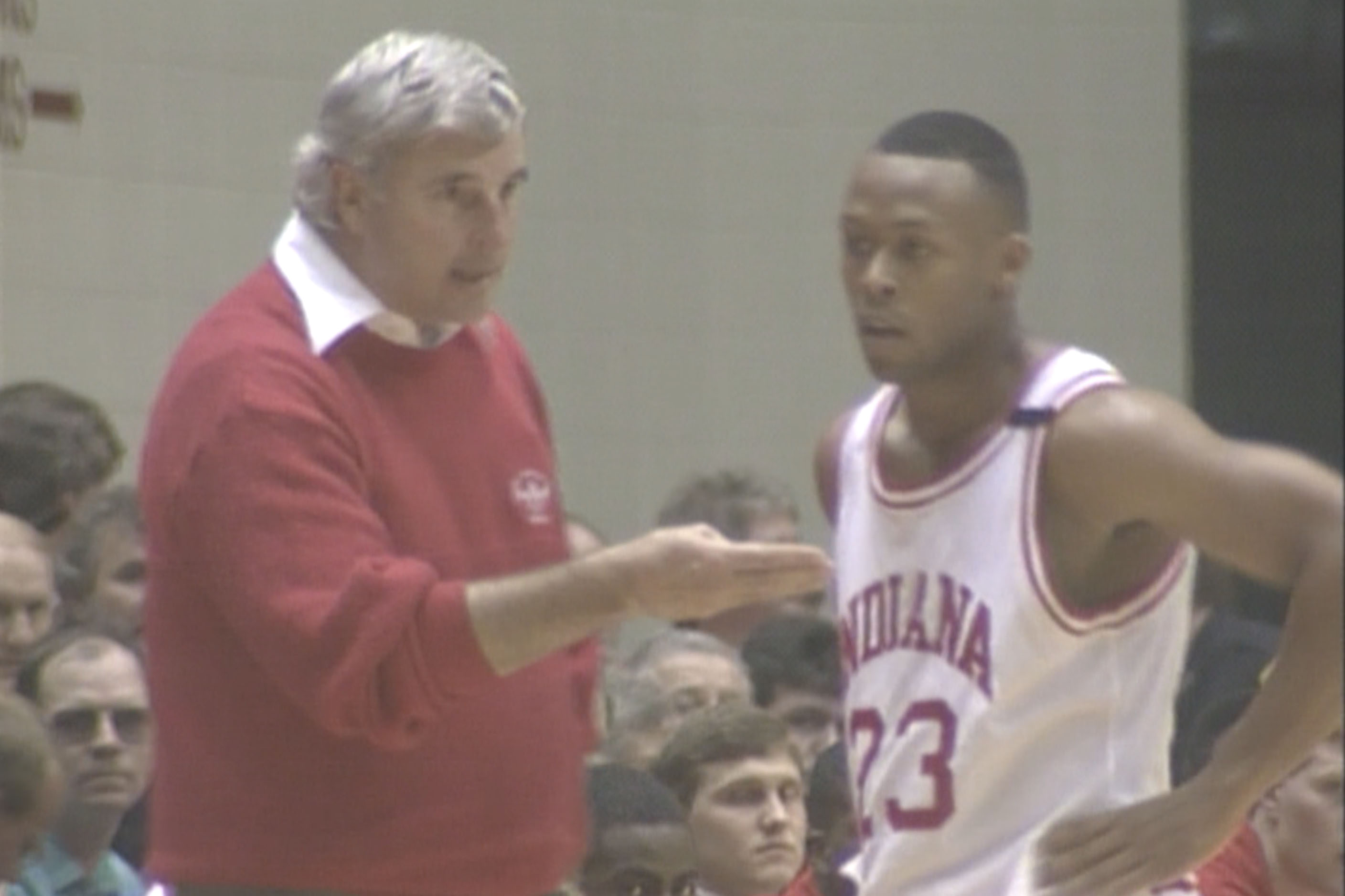 Indiana coach Bob Knight gives instructions to Jamal Meeks during a game at Assembly Hall.