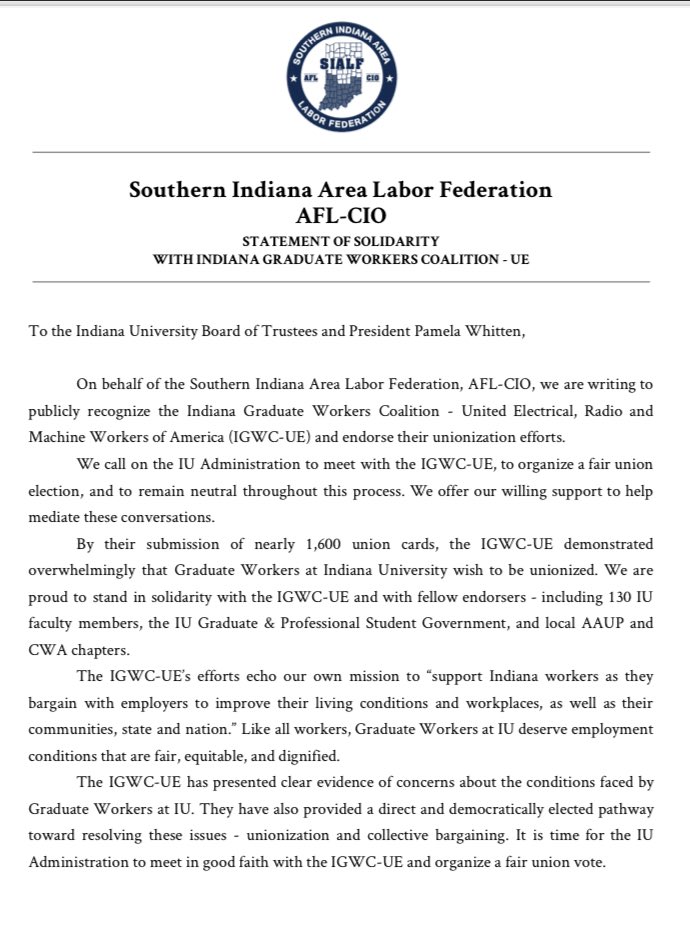 letter from the Southern Indiana Area Labor Federation