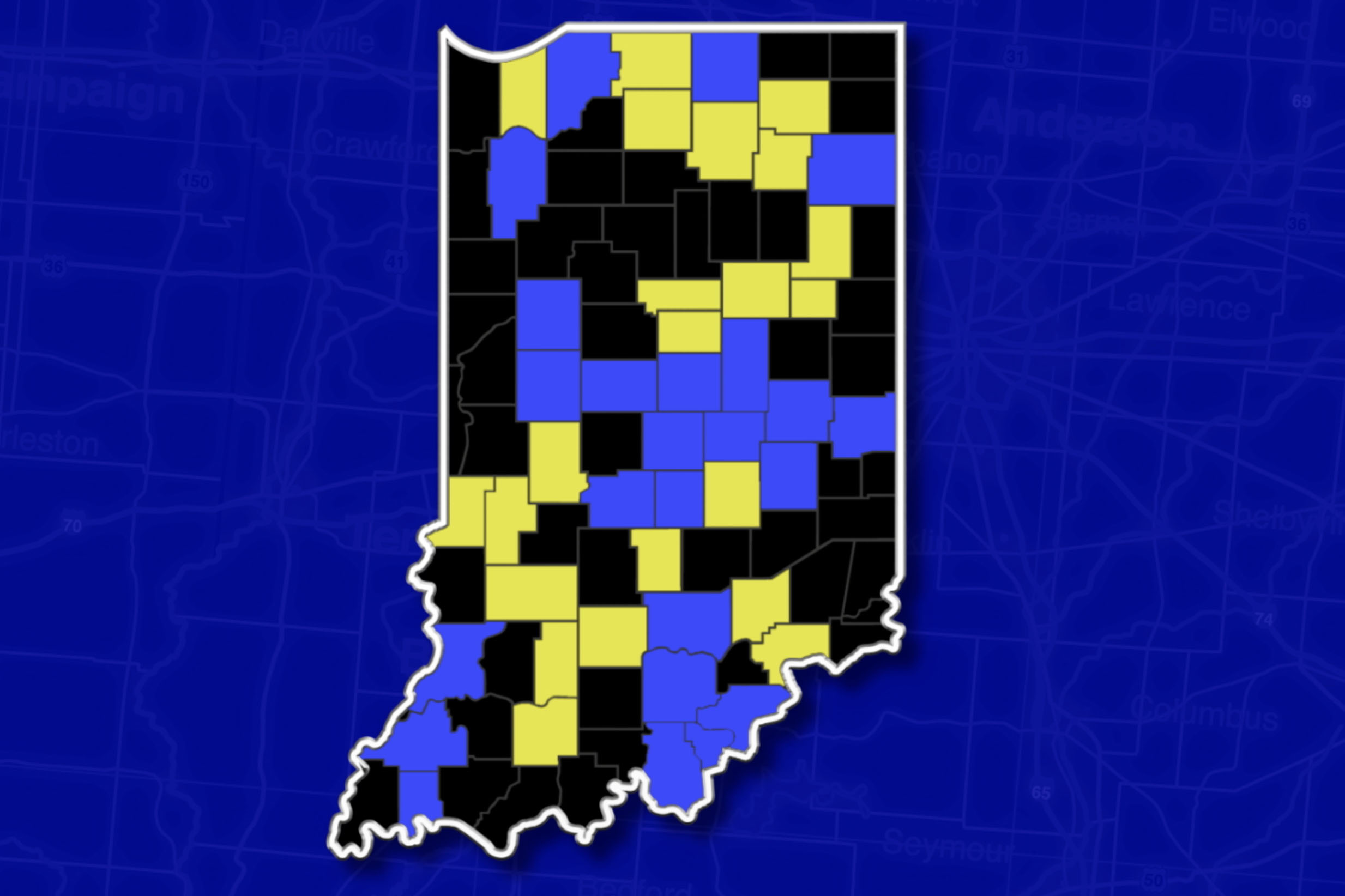 Map of counties with active Libertarian parties (blue) and counties that will soon have a party affiliate