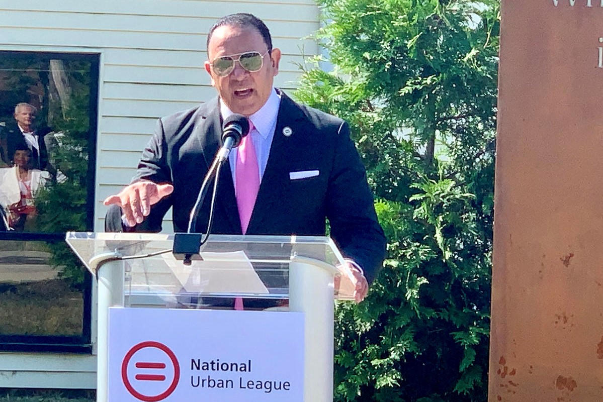 National Urban League President Marc Morial discusses the conference at Dr. Martin Luther King, Jr. Park in Indianapolis. 