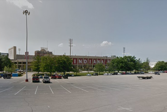 A Google Maps Streetview screenshot of the parking lot outside Indiana University's Memorial Stadium.