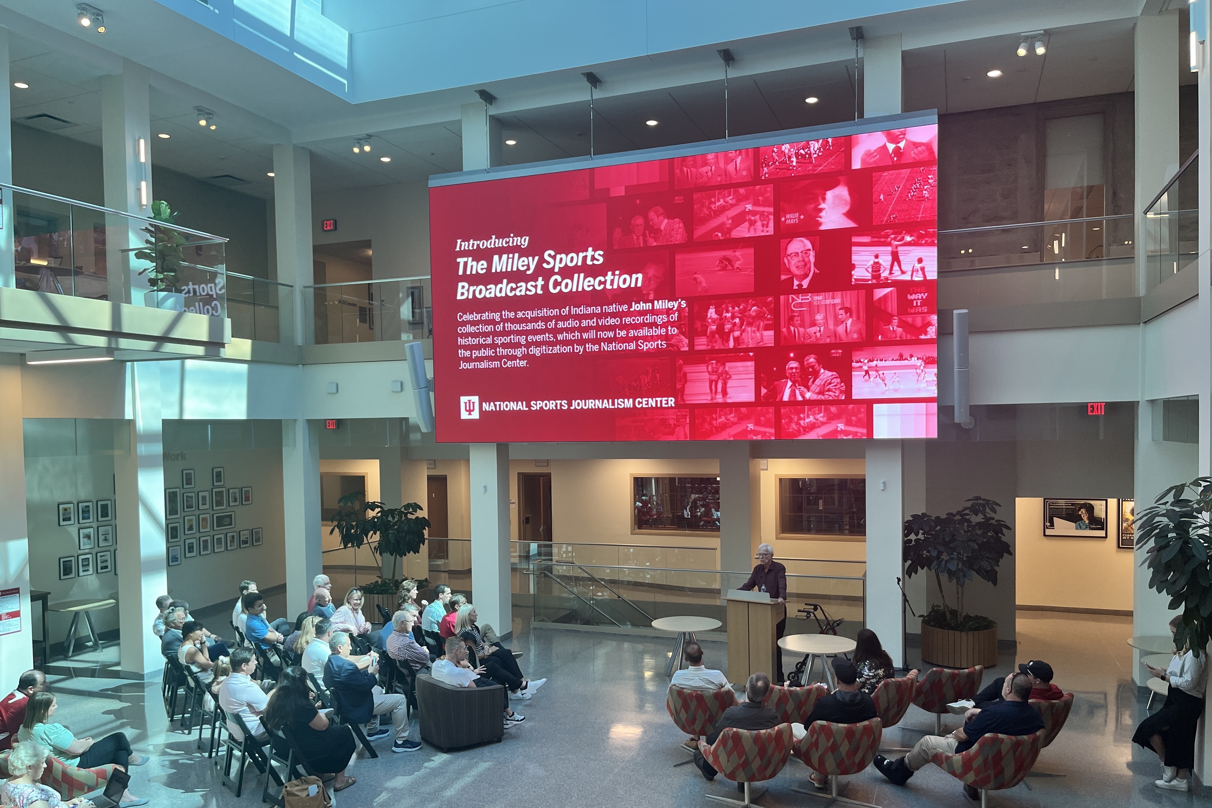 John Miley speaks at the Sept. 16, 2024, celebration of the donation of the Miley Collection at the Indiana University Bloomington Media School commons. 