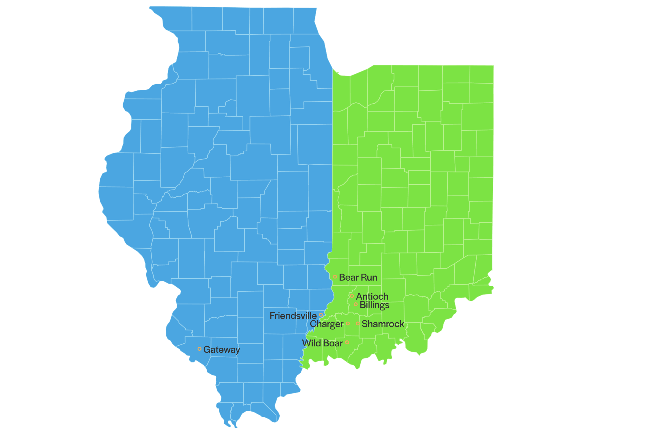 County maps of Illinois and Indiana show the locations of R3 Renewables's solar and battery storage projects.