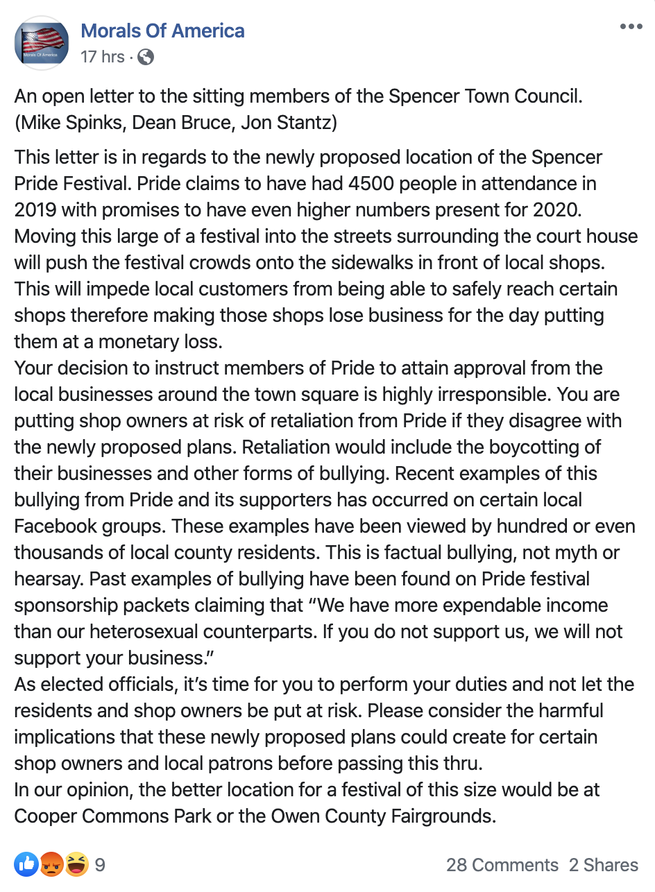 Morals of America's open letter to the Spencer Town Council