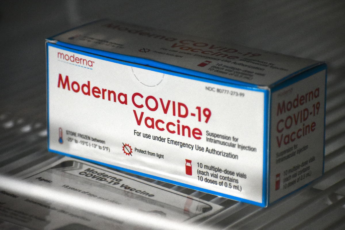 A box of Moderna covid-19 vaccines.