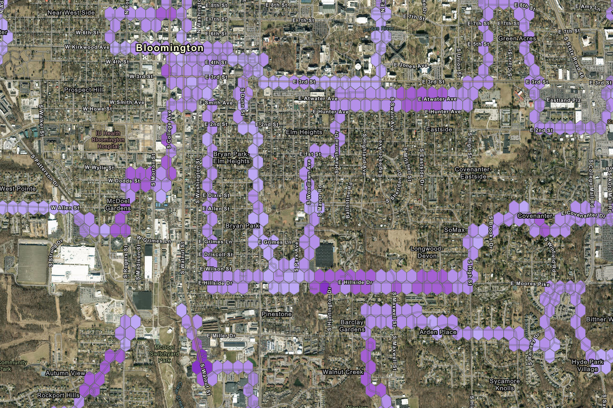 A map of air quality in Bloomington, where East Hillside Drive and South Walnut Street are especially bad.