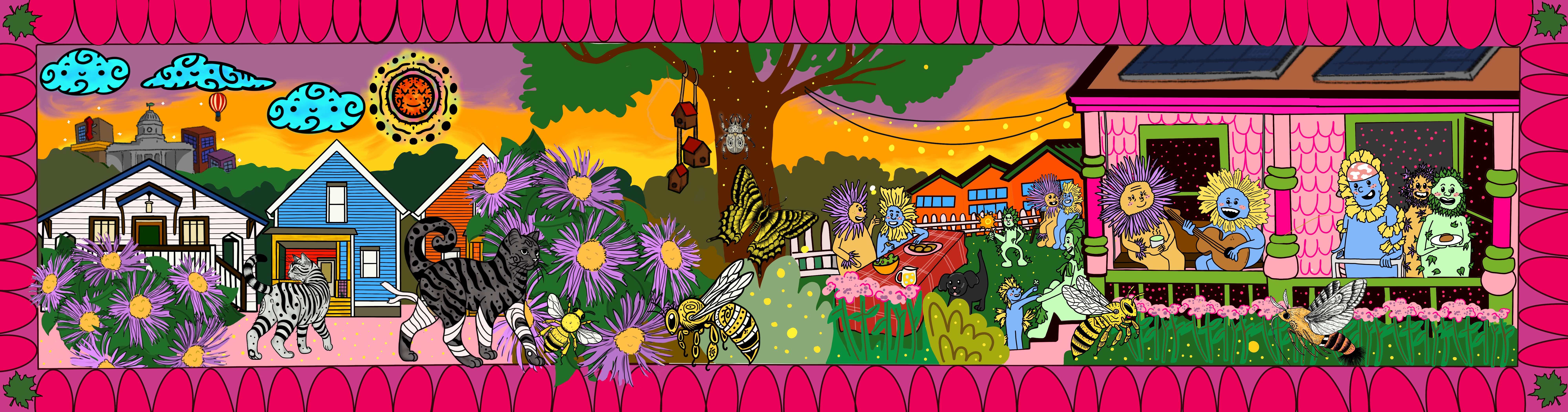 Colorful mural design with flowers, cats, and smiling neighbor gathering on a porch.