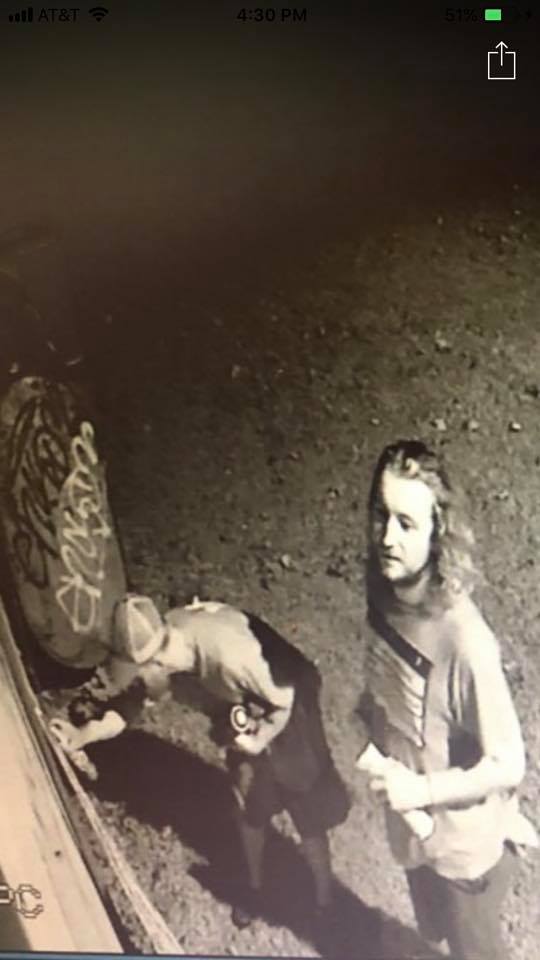 A still from surveillance video of two men accused of vandalizing the Old Dutch Church in Ellettsville, Sept. 2, 2019.