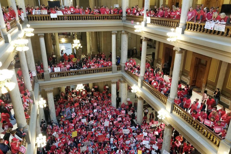 Teachers rally at the statehouse in March 2019.