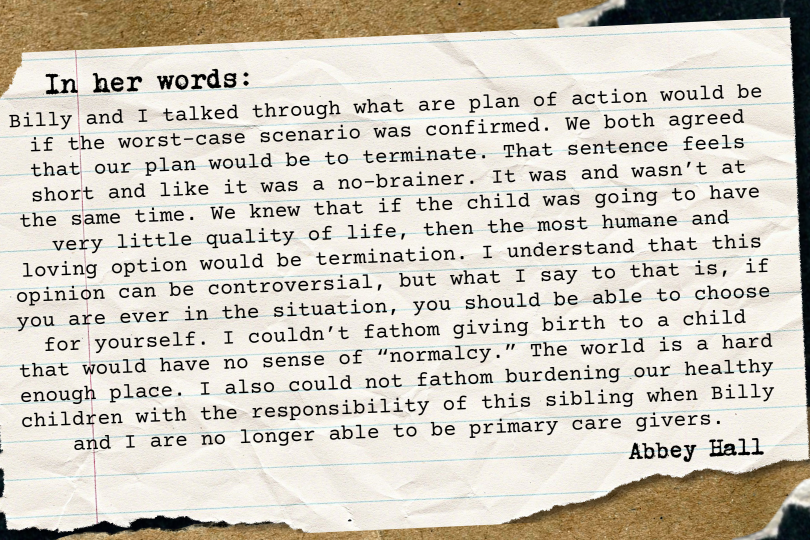 An excerpt from a journal-like entry Abbey Hall shared detailing her abortion experience