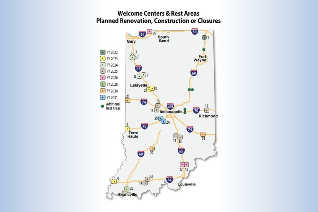 Map of welcome centers and rest areas in Indiana