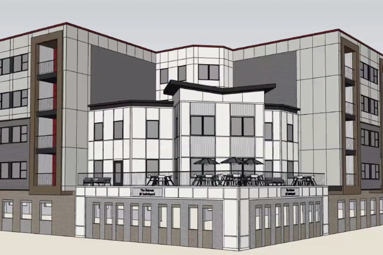 A draft sketch of the new affordable housing complex at Switchyard Park.