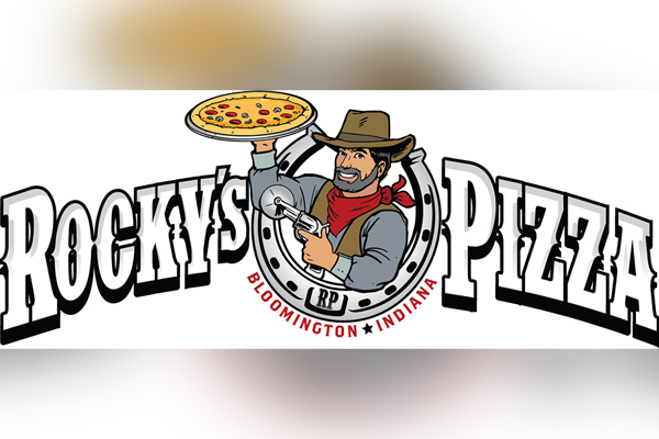 The cowboy logo of Rocky's Pizza in Bloomington.