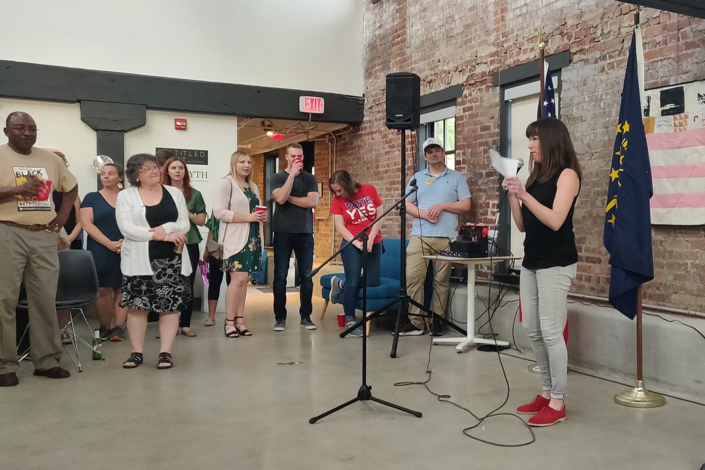 Kate Rosenbarger speaks to supporters after winning the Democratic primary for Bloomington City Council District 1.