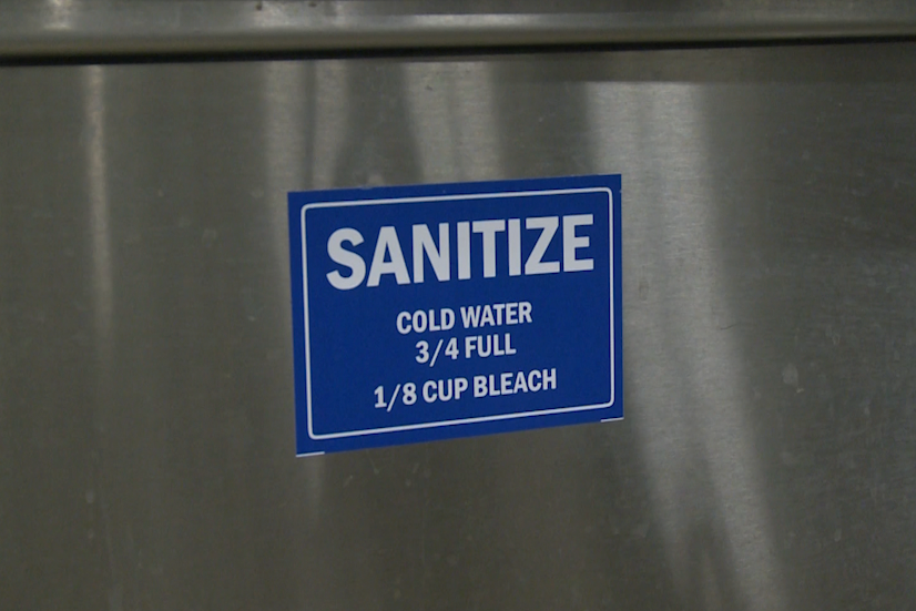 This is a sign that says to sanitize kitchen equipment.