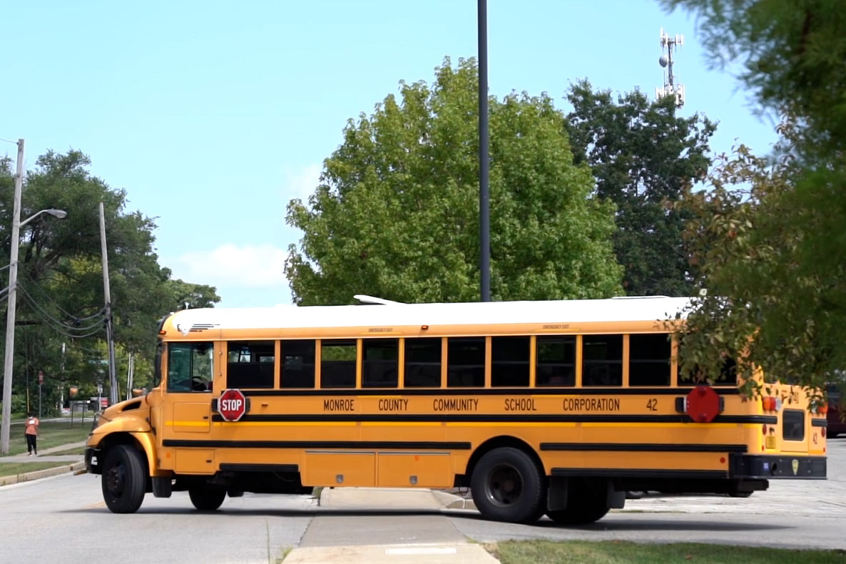 An MCCSC school bus heads out on a route.