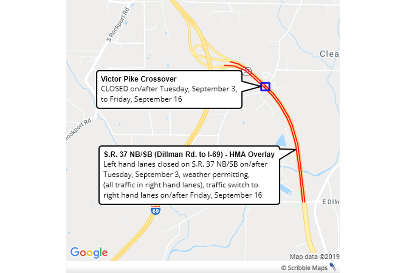A map of SR 37 where left-hand lanes will be closed starting Sept. 3, 2019.