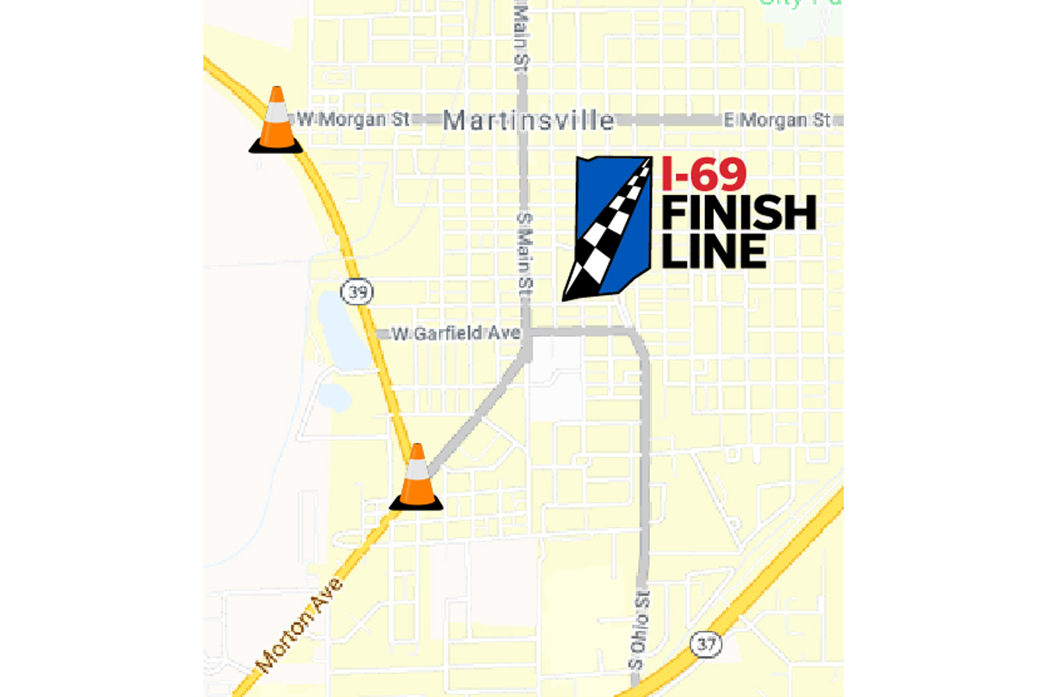 An INDOT map of upcoming closures on State Road 37.