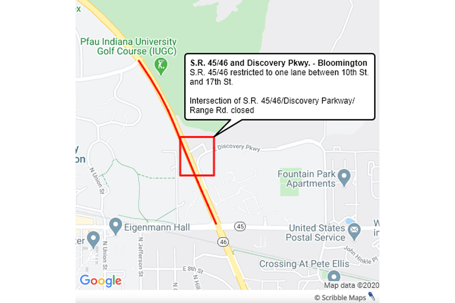 A map of where SR 46 will be restricted to one lane in Bloomington.