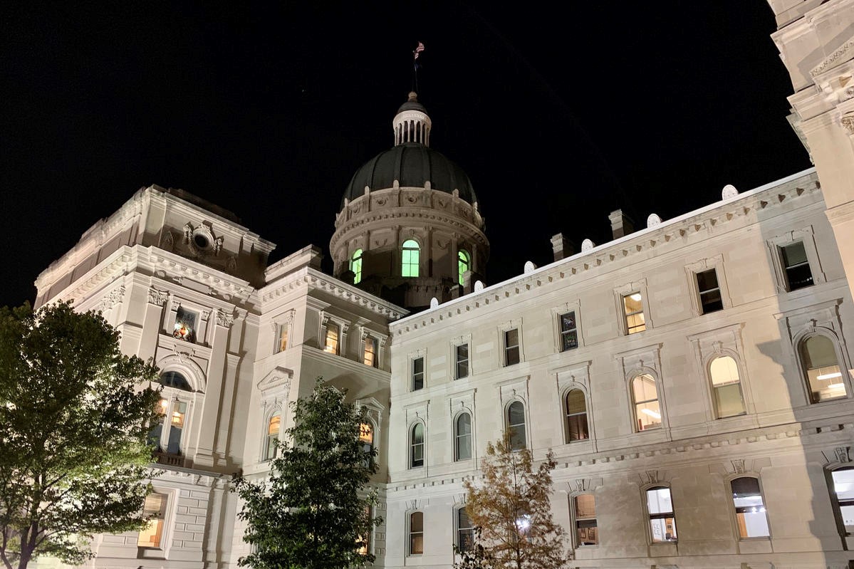 The Indiana Statehouse at night in the summer. (October 2019)