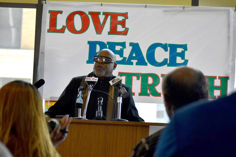 Rev. Sylvester Williams speaking at an event where South Bend ministers prayed for the city to "heal."