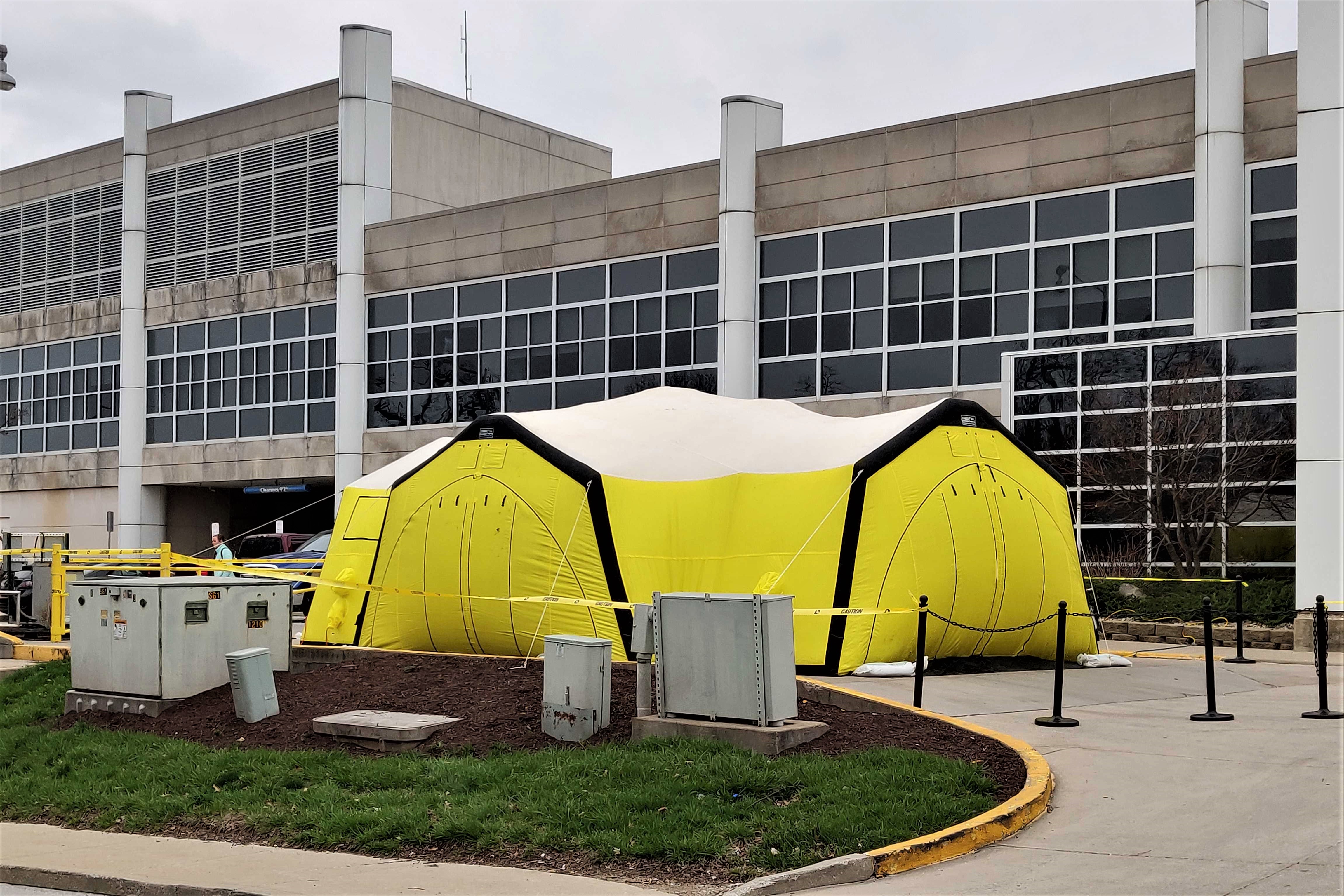 A temporary coronavirus screening tent outside IU Health Bloomington Hospital.