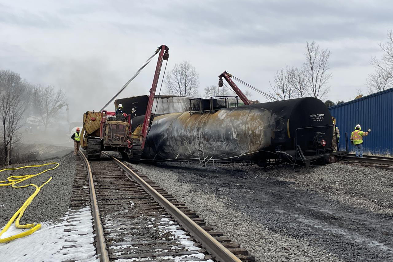 About three dozen train cars derailed in East Palestine, Ohio, on Feb 3. — a little less than a third of them were carrying hazardous material.