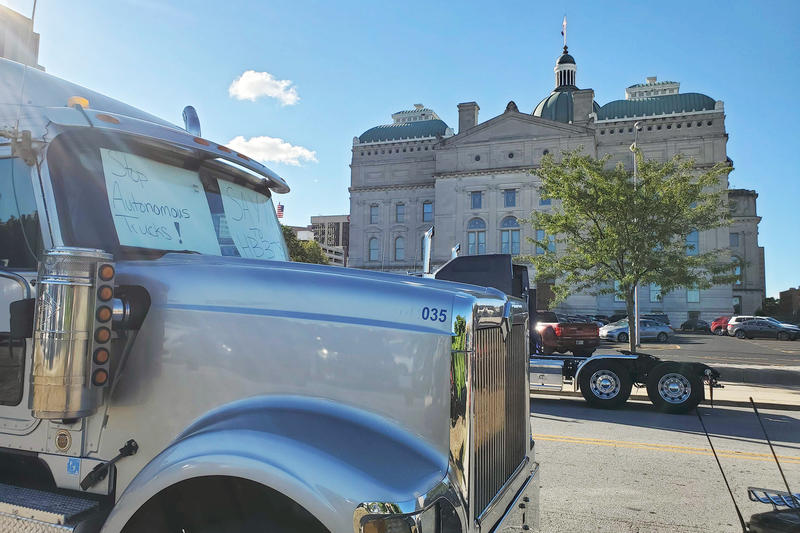 Commercial drivers parked trucks in front of the Statehouse to protest future autonomous vehicle legislation, Friday, Oct. 4, 2019.