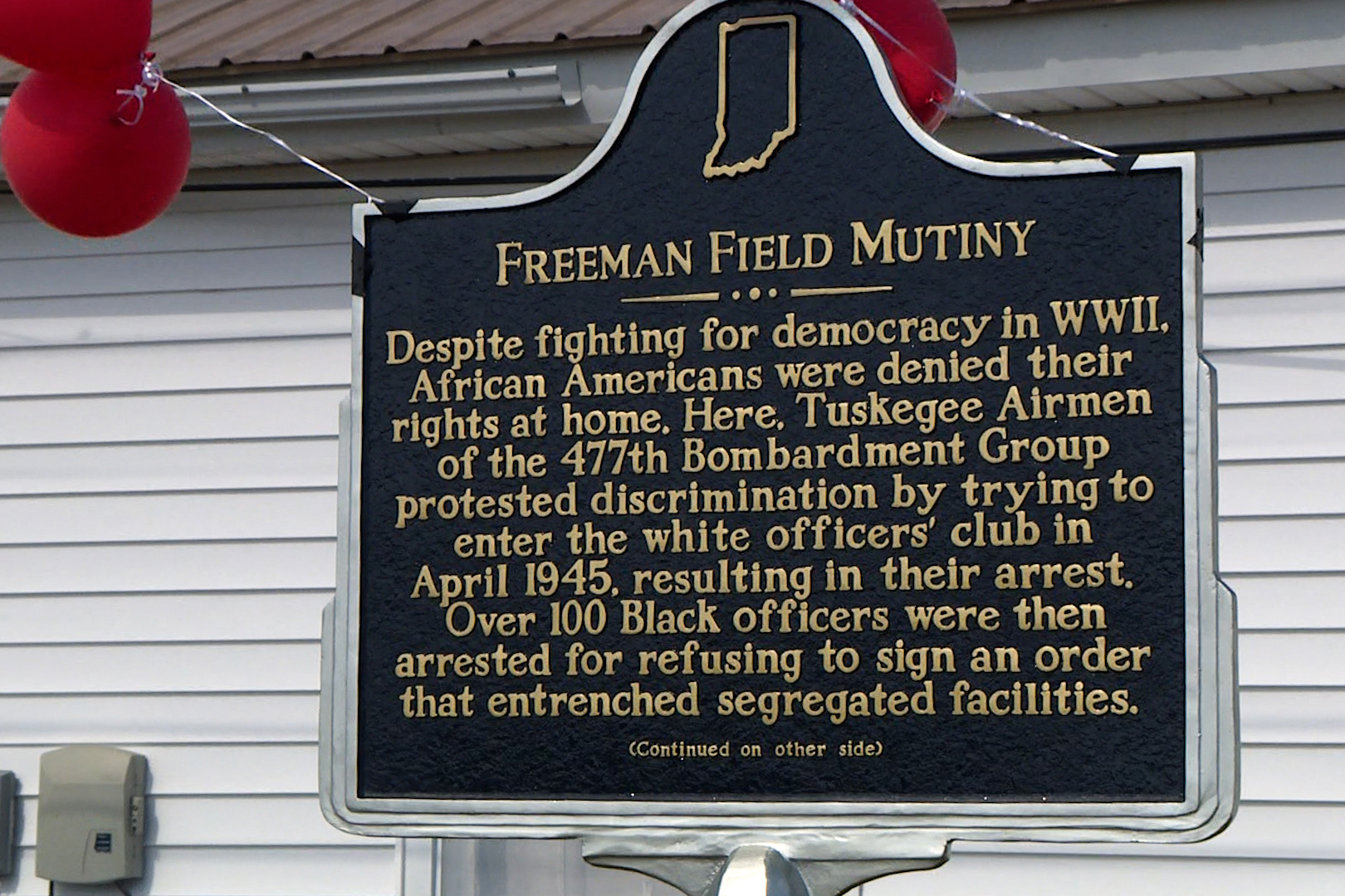 A marker commemorating the Freeman Field Mutiny stands on the grounds of the airfield in Seymour. 