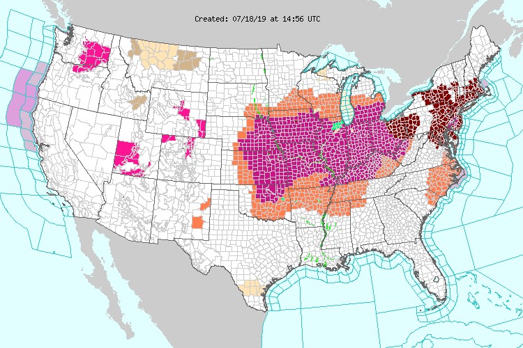 A map showing the heat indices across the US and Midwest in July 2019.