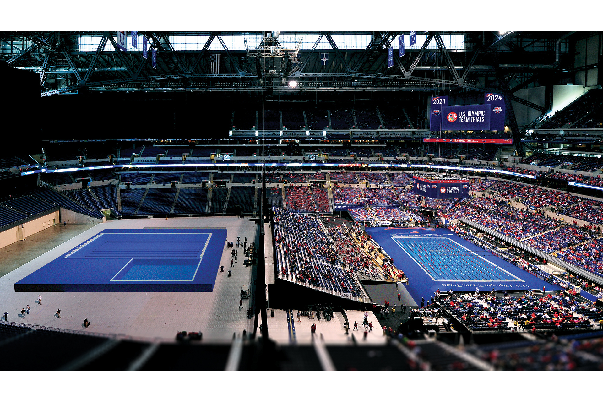 Aerial view of Indianapolis, Indiana, with a focus on Lucas Oil