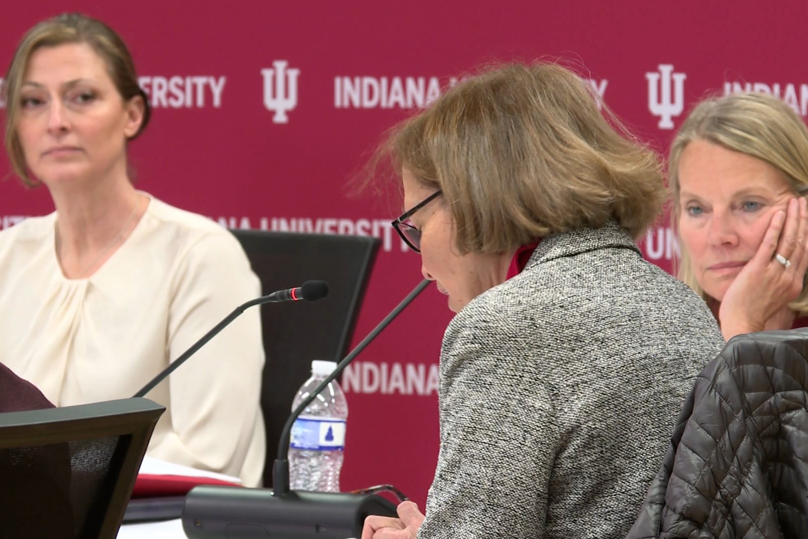 Indiana University trustee member Vivian Winston (center) spoke against amendments to Whitten's contract at the Feb. 20, 2025 board meeting. Also in the photo are Trustee Secretary Andrea Havill (left) and Vice Chair Cindy Lucchese.