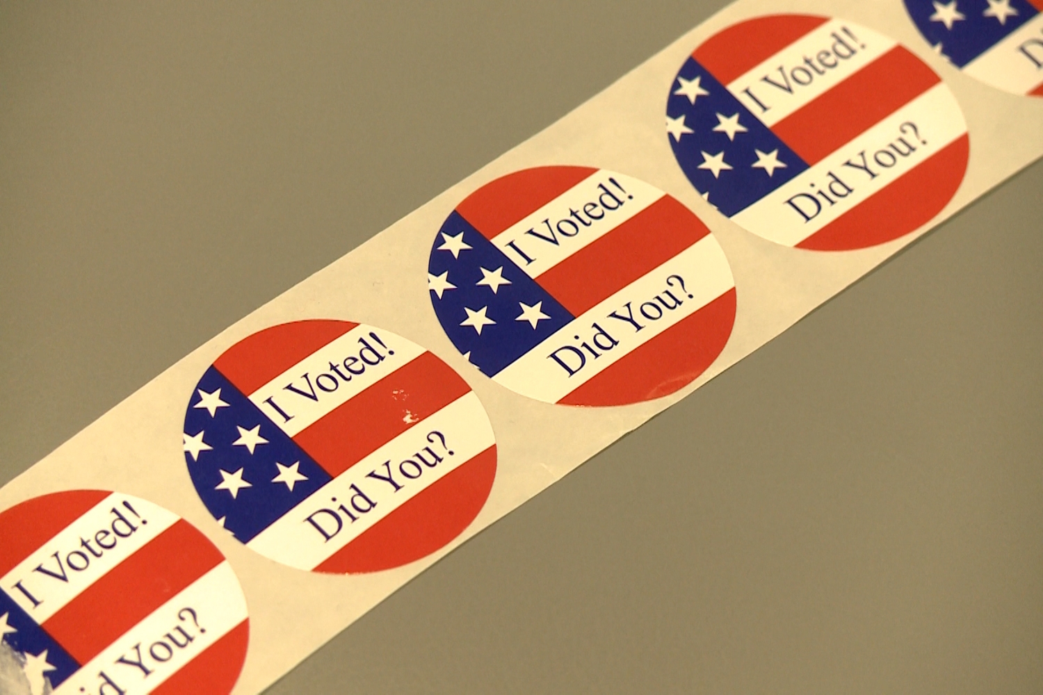 "I Voted" stickers at a polling place in Bloomington, Indiana.