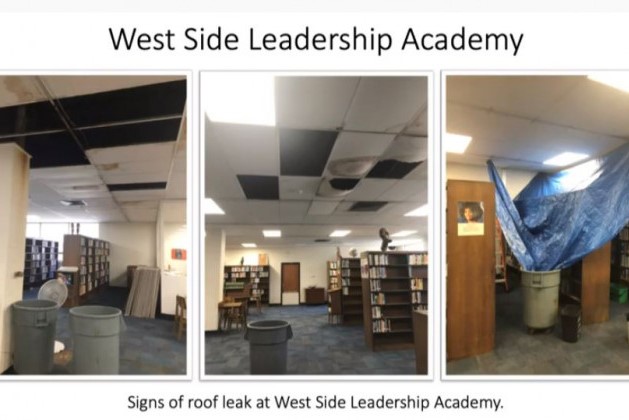 Photo of a leaking roof inside the Westside Leadership Academy in Gary displayed Wednesday, Oct. 2, 2019, at the State Board of Education meeting.