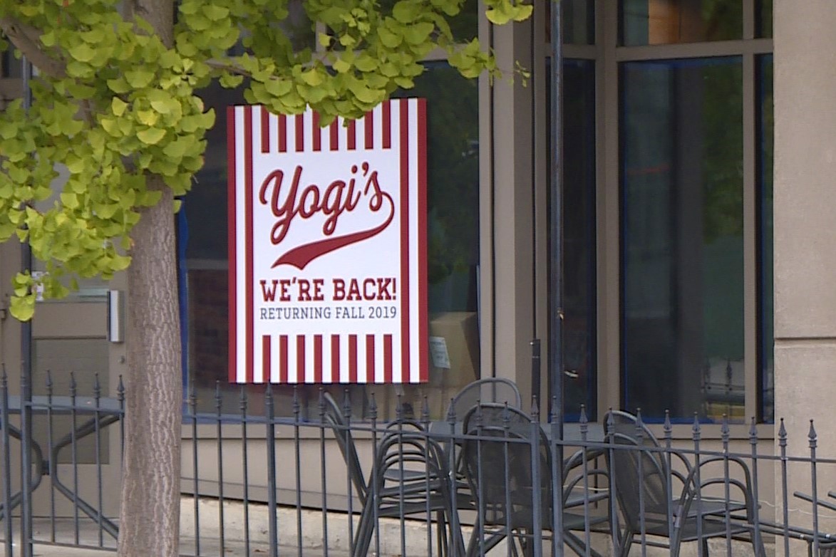 The outside patio of Yogi's restaurant and bar in downtown Bloomington. October 2019.