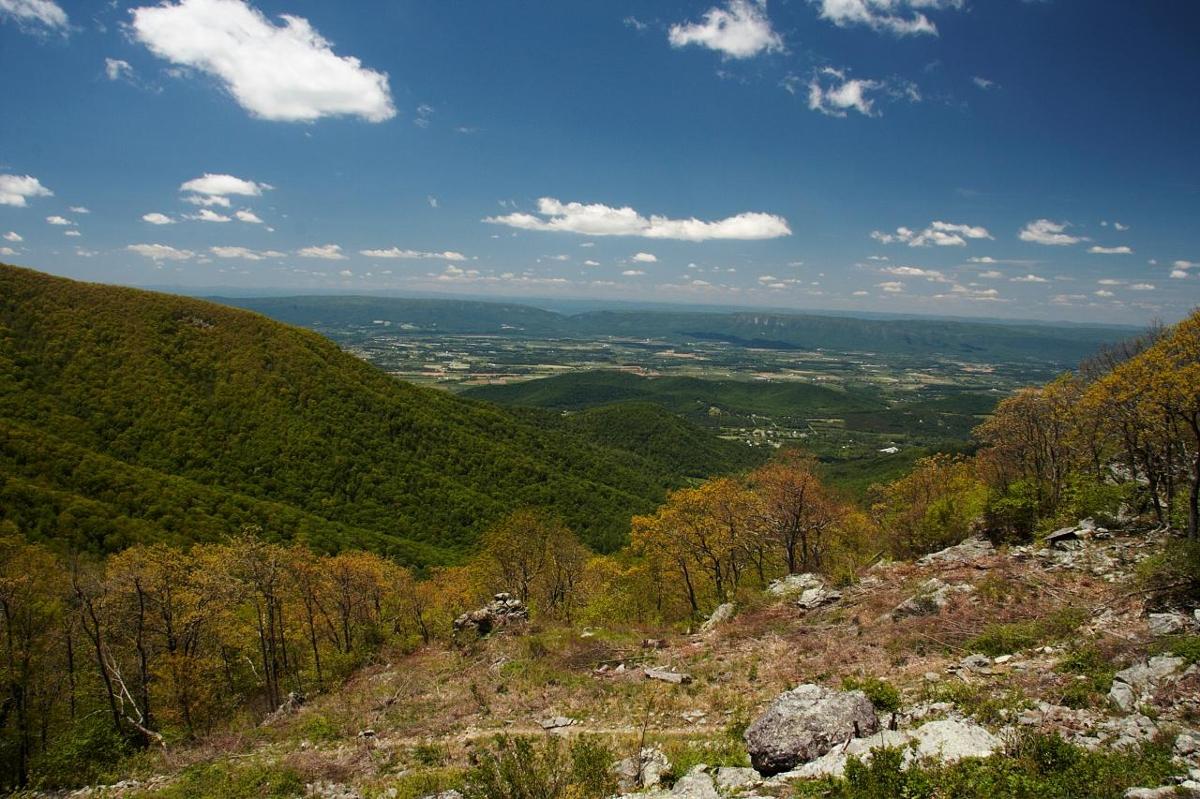 A view of part of the Appalachian Mountains, with green trees and blue skies
