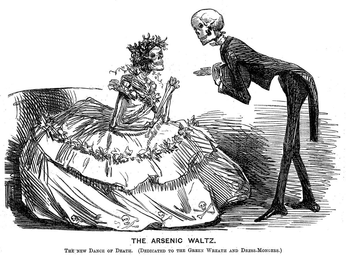 A sketch drawing of two skeletons about to dance, one in a suit and one in a Victorian-era dress