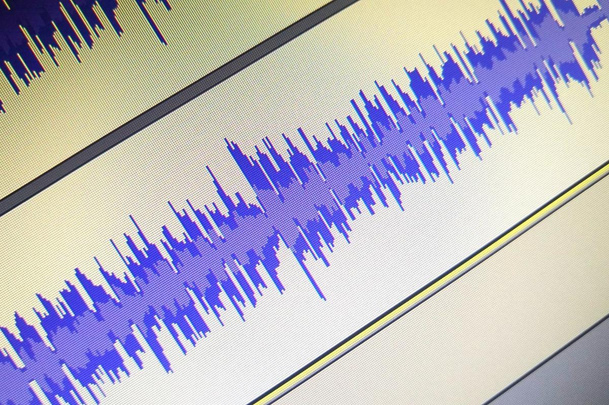 An audio waveform laid out visually, with blue lines indicating sound against a white background