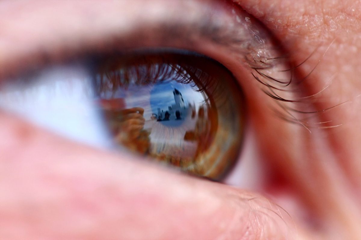 A closeup of a brown eye, with the person looking off into the distance