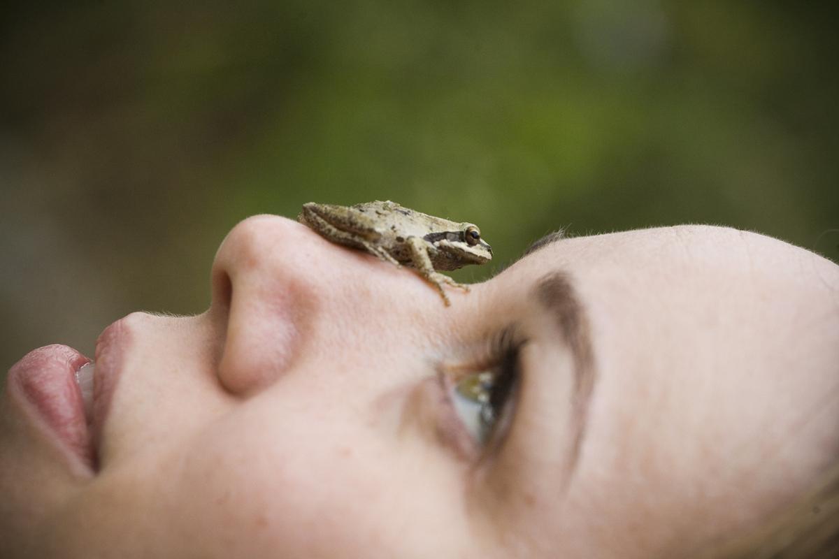 A girl looks up at a frog resting on her face