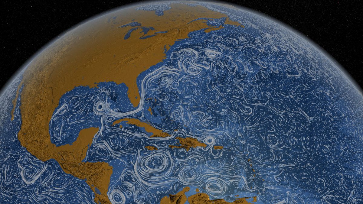 Swirling ocean streams across the ocean surface, as seen from space