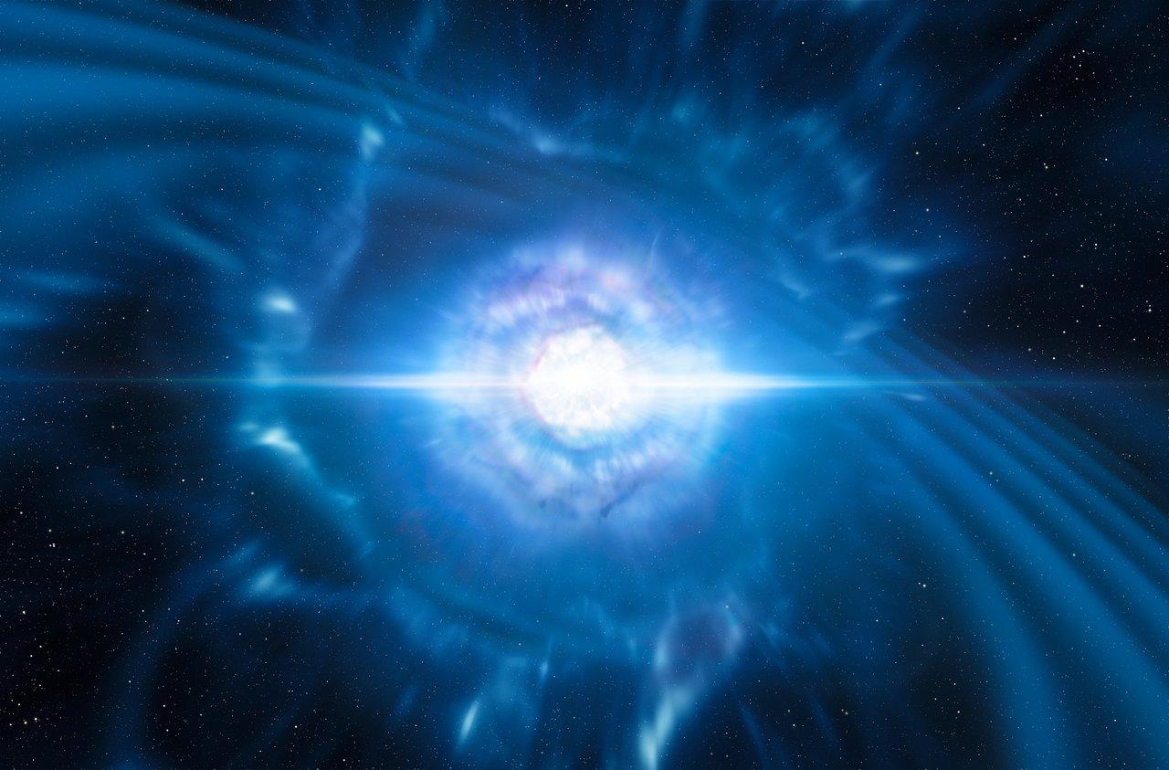 An artist's rendition of a kilonova in space, with blue strands of light shooting off of a bright core