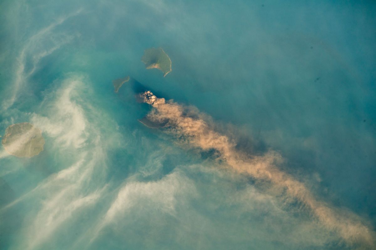 An aerial view looking down on the infamous underwater volcano Krakatoa errupting