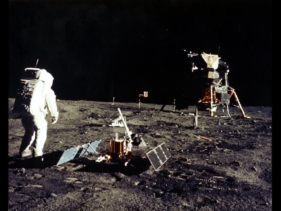 Astronaut and equipment during the 1969 moon landing on the Moon's Sea of Tranquility