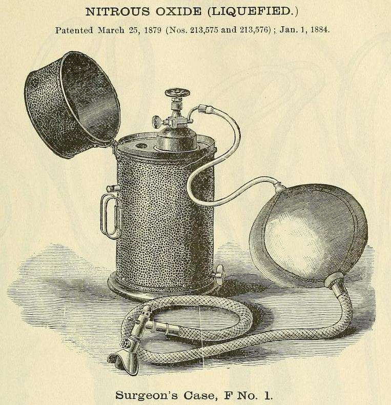 An illustration from the 1800s of a surgeon's nitrous oxide instrument