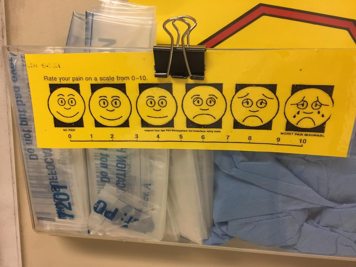 A yellow card with a sliding scale of frowning faces to indicate pain