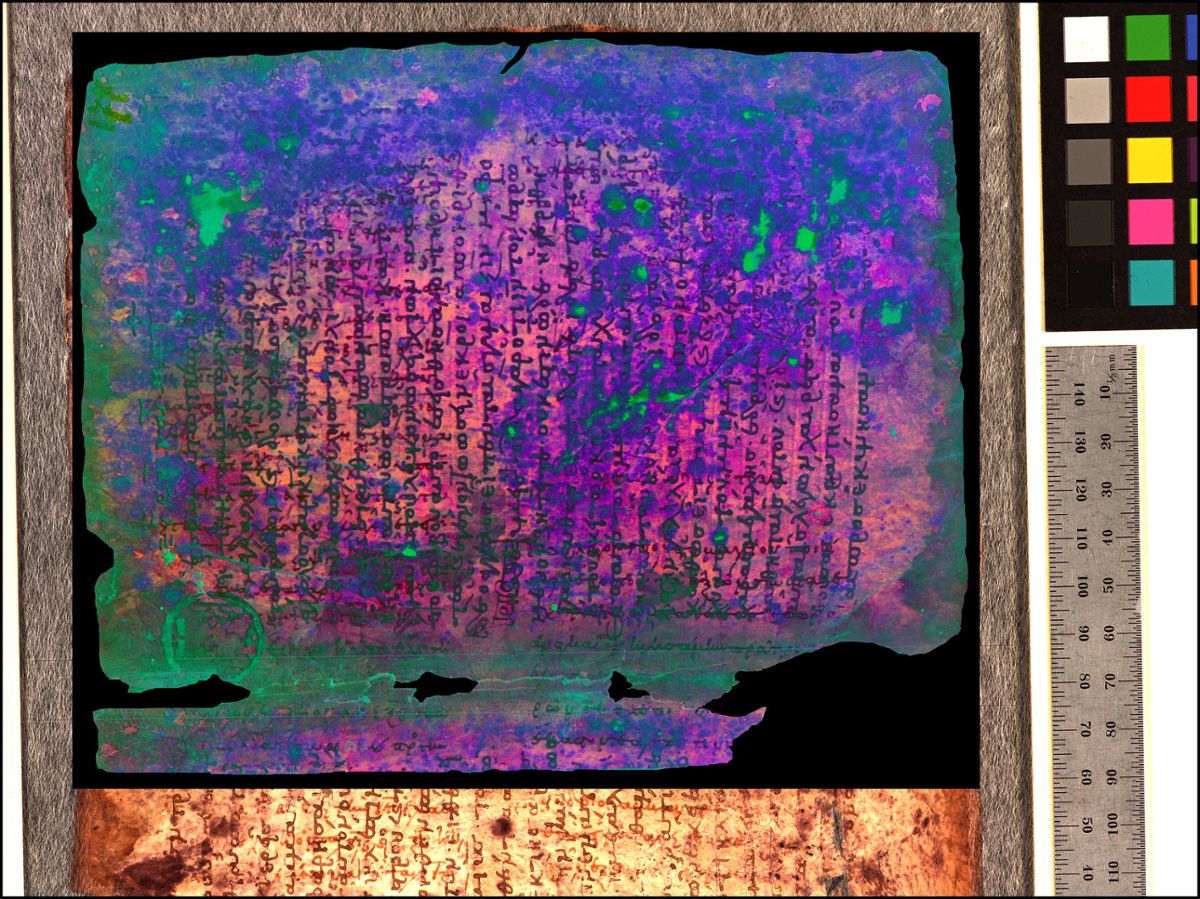 A page from the Archimedes Palimpsest under multispectrum imaging, with a variety of colors covering the ancient page