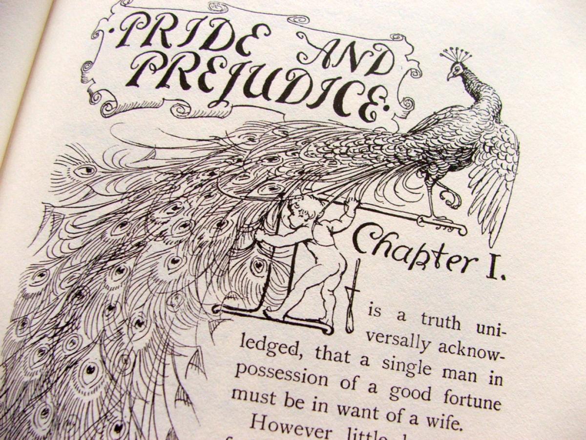 The opening chapter of Pride and Prejudice, stylized black text on white page