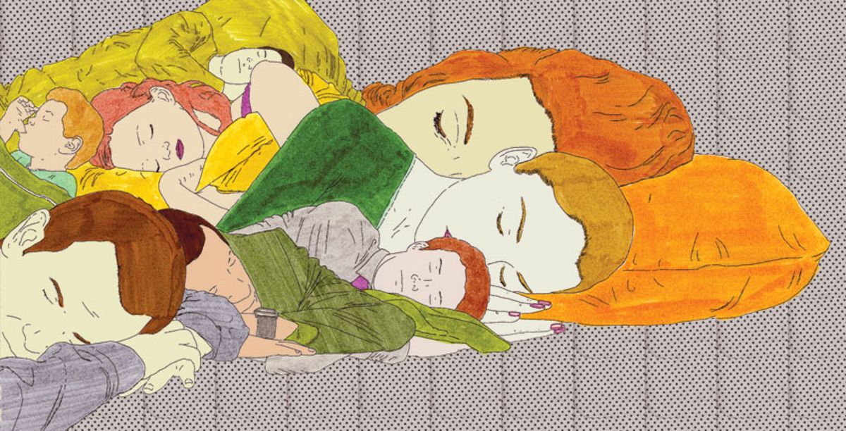 An artist's colorful depiction of several people sleeping, all overlapping each other