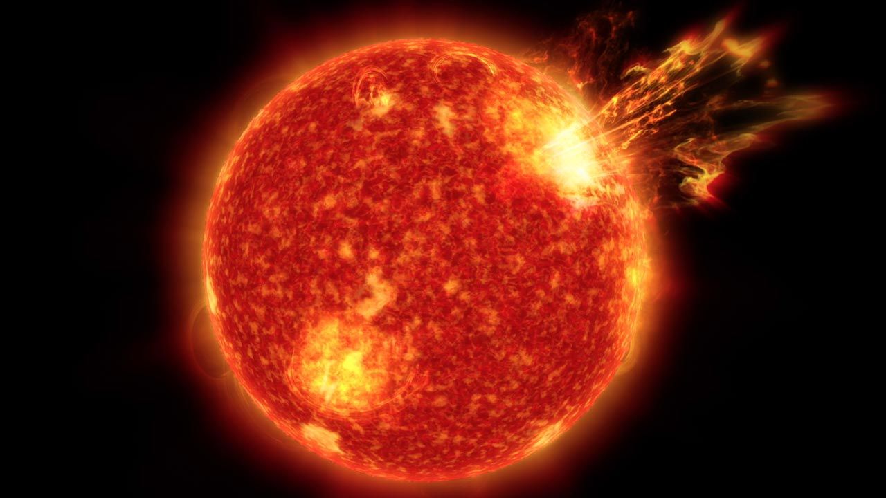 A massive solar flare caused by a solar storm on the surface of our sun